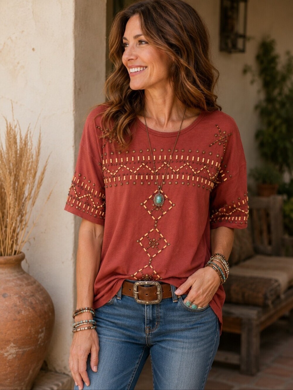 Vintage Ashley Hill Beaded T-Shirt XL Terracotta Rust Boho Wood Bead Embellished
